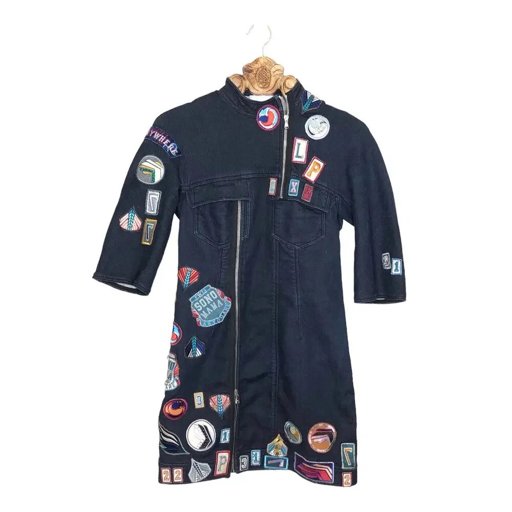 Phillip Lim Denim Jean Dress Moto Zip Detail Allover Custom Patches Beaded 6